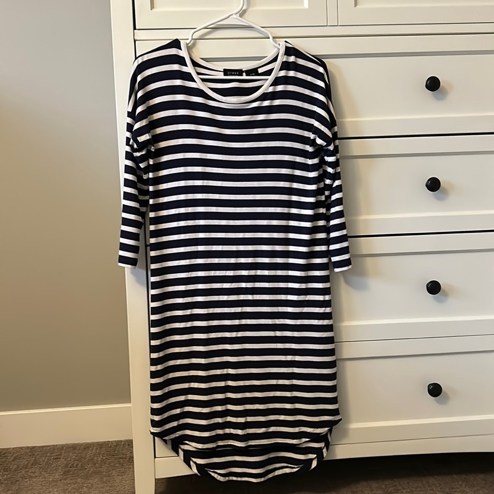 Navy blue and white striped knee length dress